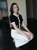 “Black & White Camellia” Knitted Short-Sleeve Cardigan with Hand-Crocheted Trim