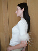 Short-Sleeve Knitted Top with Feather trim in White