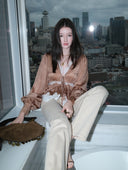 Long-Sleeve Blouse with Lace V-neck in Honey gold caramel