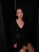 Rhinestone-Embellished Openwork Crochet Cardigan in Black