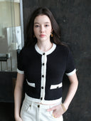 “Black & White Camellia” Knitted Short-Sleeve Cardigan with Hand-Crocheted Trim