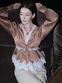 Long-Sleeve Blouse with Lace V-neck in Honey gold caramel