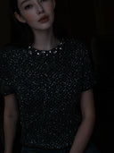 Shimmering Sequin Argyle Knit Short-Sleeve Top in Stardust grey