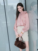 Lantern-sleeved Blouse with Tie-Neck Detail in Sakura pink