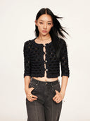 Cloud Textured Bubble-Knit Cropped Cardigan in Black