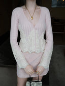 Wool-Cashmere Lace-Trimmed Flare-Sleeve Knit Cardigan in Sakura Pink