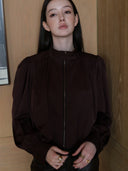 Cropped Satin-Finish Gathered Puff-Sleeve Jacket in Purple Coffee