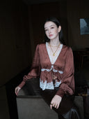 Long-Sleeve Blouse with Lace V-neck in Burnt Tea Brown