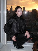 Cropped Satin-Finish Gathered Puff-Sleeve Jacket in Black
