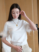 Short-Sleeve Knitted Top with Feather trim in White