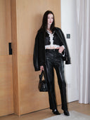 Oversized Leather Jacket with Lapel Collar in Black