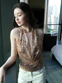 Sequin & Beaded Halter Camisole with Plunge Neck and Open Back