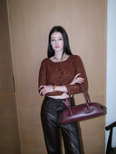 Cropped Knit Cardigan with Hand-Crafted Embroidery in Caramel chestnut