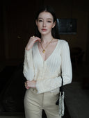 Wool-Cashmere Lace-Trimmed Flare-Sleeve Knit Cardigan in Moonlight White