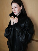 Oversized Leather Jacket with Lapel Collar in Black