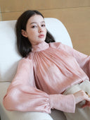 Lantern-sleeved Blouse with Tie-Neck Detail in Sakura pink