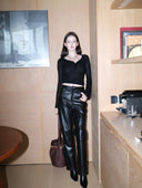 Merino Wool Knit Top with Flared Sleeves in Black