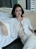 Cloud Textured Bubble-Knit Cropped Cardigan in White