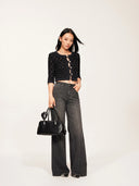 Cloud Textured Bubble-Knit Cropped Cardigan in Black