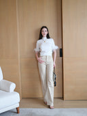 Short-Sleeve Knitted Top with Feather trim in White