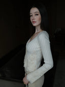 Wool-Cashmere Lace-Trimmed Flare-Sleeve Knit Cardigan in Moonlight White