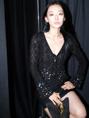 Rhinestone-Embellished Openwork Crochet Cardigan in Black