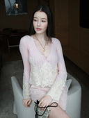 Wool-Cashmere Lace-Trimmed Flare-Sleeve Knit Cardigan in Sakura Pink