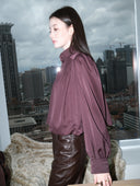 Cropped Satin-Finish Gathered Puff-Sleeve Jacket in Purple Coffee