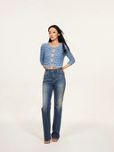 Cloud Textured Bubble-Knit Cropped Cardigan in Misty Blue