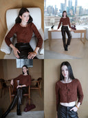 Cropped Knit Cardigan with Hand-Crafted Embroidery in Caramel chestnut