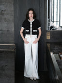 “Black & White Camellia” Knitted Short-Sleeve Cardigan with Hand-Crocheted Trim
