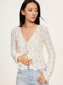 Rhinestone-Embellished Openwork Crochet Cardigan in White