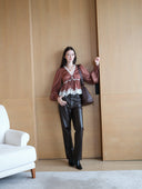Long-Sleeve Blouse with Lace V-neck in Burnt Tea Brown