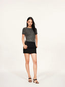 Shimmering Sequin Argyle Knit Short-Sleeve Top in Stardust grey