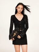 Rhinestone-Embellished Openwork Crochet Cardigan in Black