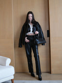 Oversized Leather Jacket with Lapel Collar in Black