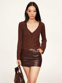 Retro-modern Faux Leather Straight Skirt in Burnt Burgundy