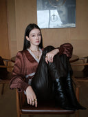 Long-Sleeve Blouse with Lace V-neck in Burnt Tea Brown