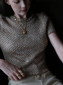 Shimmering Sequin Argyle Knit Short-Sleeve Top in Sandy gold