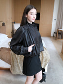 Cropped Satin-Finish Gathered Puff-Sleeve Jacket in Black