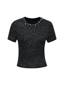 Shimmering Sequin Argyle Knit Short-Sleeve Top in Stardust grey