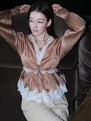 Long-Sleeve Blouse with Lace V-neck in Honey gold caramel