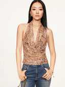 Sequin & Beaded Halter Camisole with Plunge Neck and Open Back
