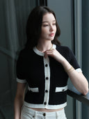 “Black & White Camellia” Knitted Short-Sleeve Cardigan with Hand-Crocheted Trim