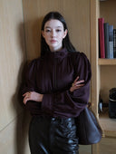 Cropped Satin-Finish Gathered Puff-Sleeve Jacket in Purple Coffee