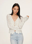 Rhinestone-Embellished Openwork Crochet Cardigan in White