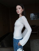 Merino Wool Knit Top with Flared Sleeves in White