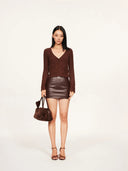 Wool-Cashmere Lace-Trimmed Flare-Sleeve Knit Cardigan in Caramel Chestnut
