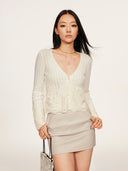 Wool-Cashmere Lace-Trimmed Flare-Sleeve Knit Cardigan in Moonlight White