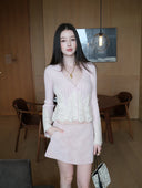 Wool-Cashmere Lace-Trimmed Flare-Sleeve Knit Cardigan in Sakura Pink